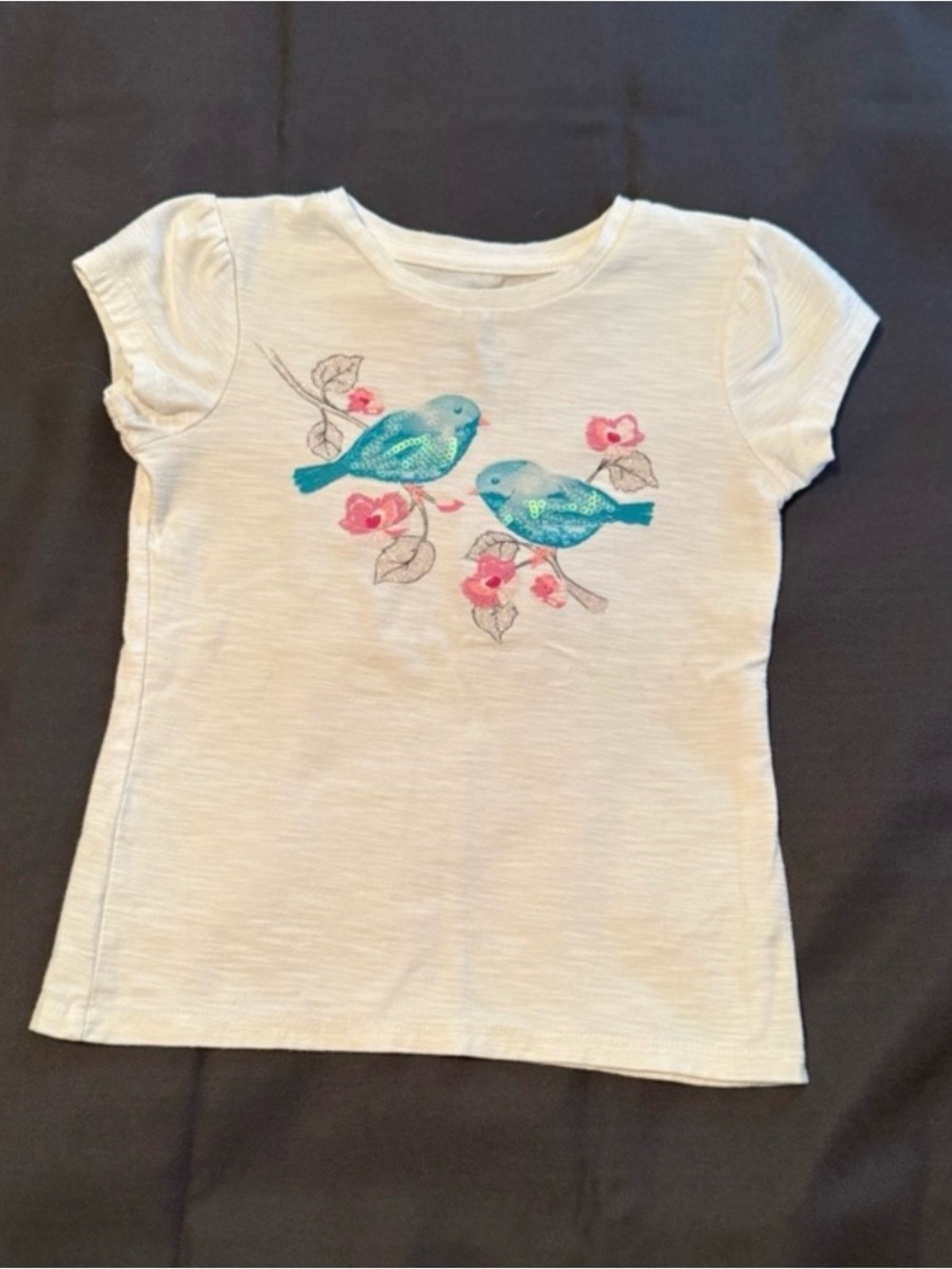 Sonoma Girls Blue Sequin Bird White Graphic Tee Shirt Size 5